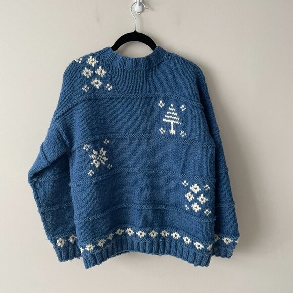 Handmade Cardigan Knit Sweater Button Front Snowflake Print Casual Blue Medium - Picture 3 of 6